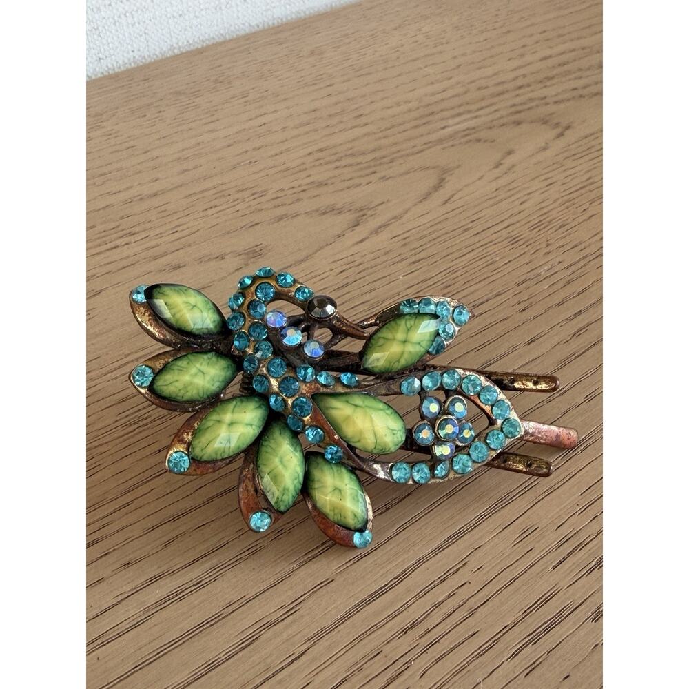 Vintage Style Rhinestone Hair Clip Blue Green Floral Leaf Barrette Accessory